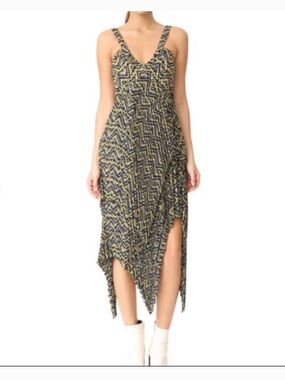 A.L.C. NWT Kendall V-Neck Handkerchief Hem Printed Midi Dress in Yellow and Navy